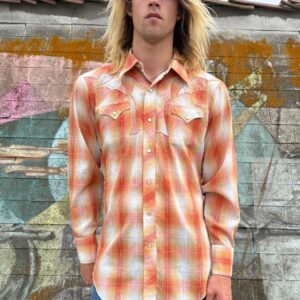 Photo detail:*AS-IS* BRIGHT ORANGE PLAID PEARL SNAP WESTERN SHIRT UNIQUE EMBROIDERED YOKE