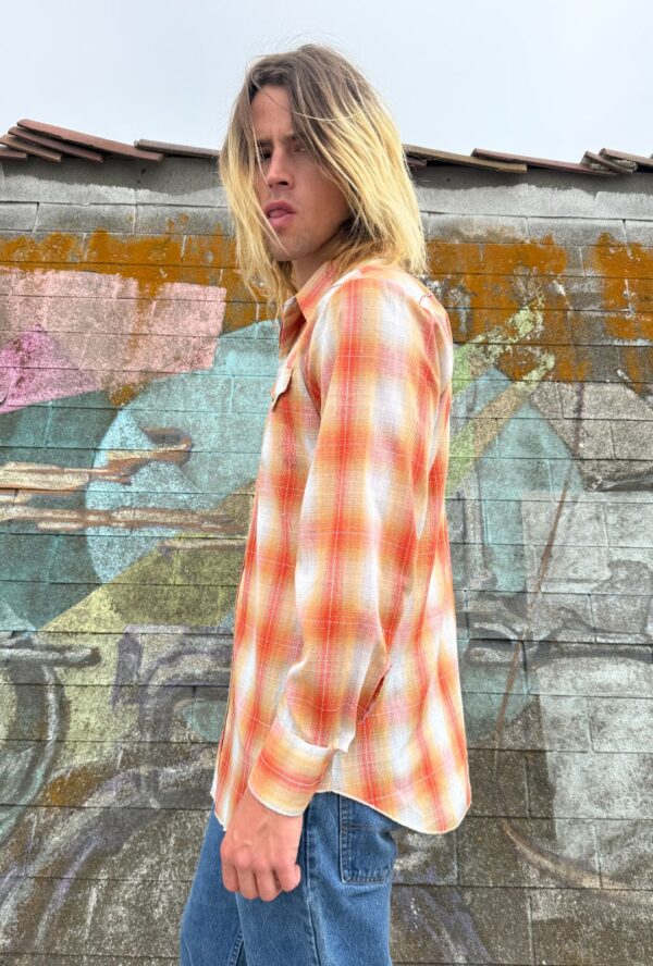 *AS-IS* BRIGHT ORANGE PLAID PEARL SNAP WESTERN SHIRT UNIQUE EMBROIDERED YOKE