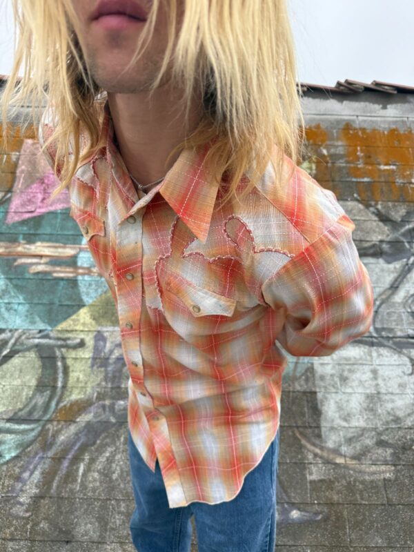 *AS-IS* BRIGHT ORANGE PLAID PEARL SNAP WESTERN SHIRT UNIQUE EMBROIDERED YOKE
