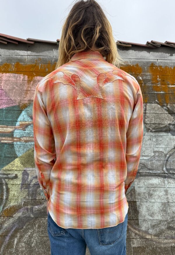 *AS-IS* BRIGHT ORANGE PLAID PEARL SNAP WESTERN SHIRT UNIQUE EMBROIDERED YOKE