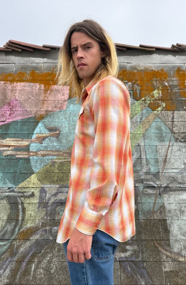*AS-IS* BRIGHT ORANGE PLAID PEARL SNAP WESTERN SHIRT UNIQUE EMBROIDERED YOKE