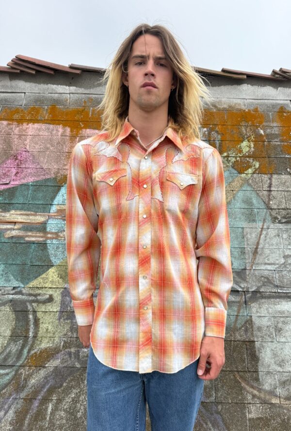 *AS-IS* BRIGHT ORANGE PLAID PEARL SNAP WESTERN SHIRT UNIQUE EMBROIDERED YOKE