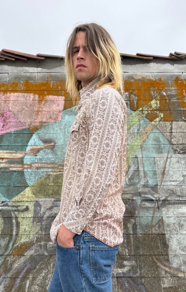 *AS-IS* 1970S UNIQUE CENTRAL AMERICAN STYLE PRINT PEARL SNAP WESTERN SHIRT
