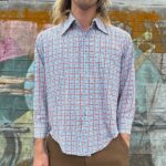 1960S-70S FUNKY MULTI COLORED PLUS SIGN PRINT LONG SLEEVE BUTTON DOWN DISCO SHIRT