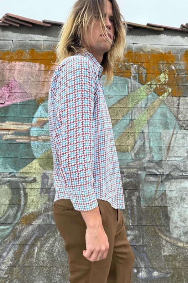 1960S-70S FUNKY MULTI COLORED PLUS SIGN PRINT LONG SLEEVE BUTTON DOWN DISCO SHIRT