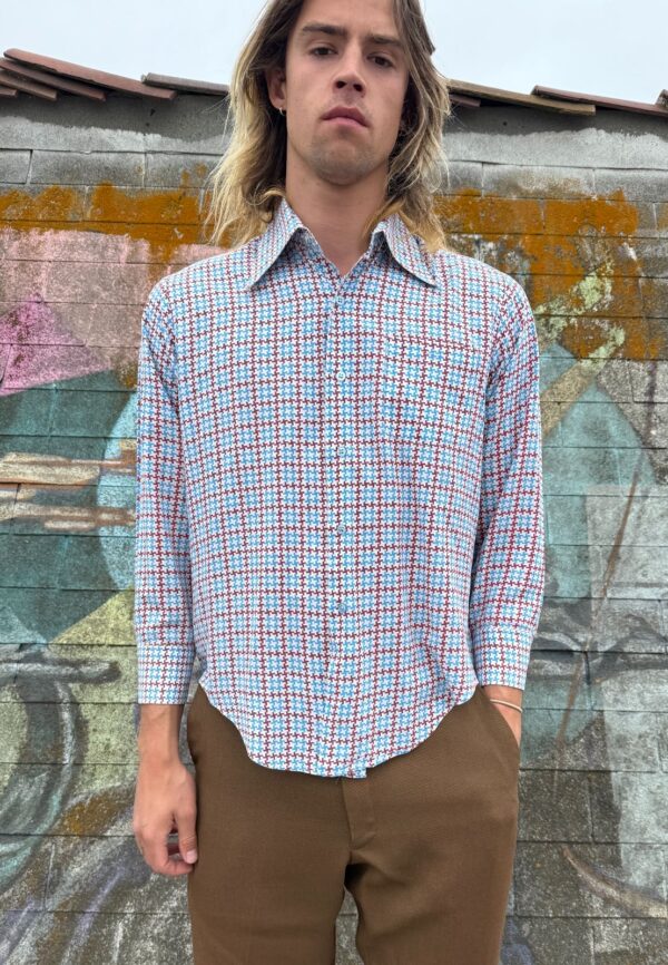 1960S-70S FUNKY MULTI COLORED PLUS SIGN PRINT LONG SLEEVE BUTTON DOWN DISCO SHIRT