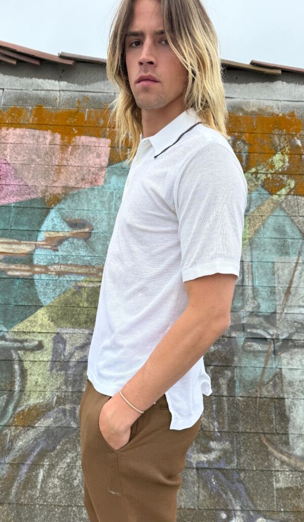RETRO 1970S-80S SHEER POLO SHIRT STRIPED COLLAR & CUFFS