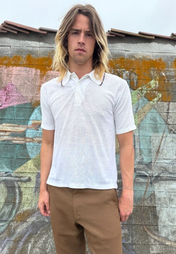 RETRO 1970S-80S SHEER POLO SHIRT STRIPED COLLAR & CUFFS