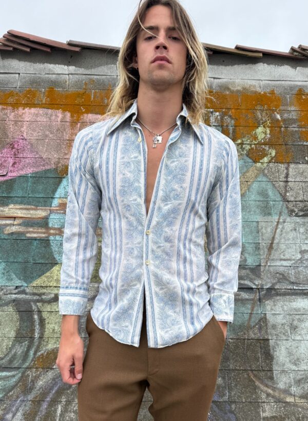 *AS-IS* SUPER COOL! 1960S ORNATE PAISLEY PRINT LONG SLEEVE BUTTON DOWN SHIRT DAGGER COLLAR