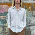 *AS-IS* KILLER! 1960S MOROCCAN PRINT LONG SLEEVE BUTTON DOWN SHIRT DAGGER COLLAR