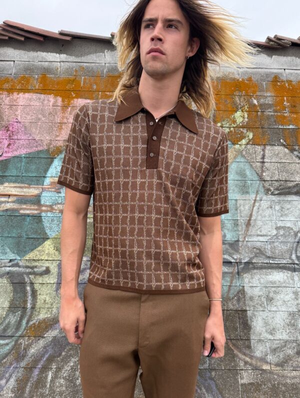 *AS-IS* RAD! 1960S UNIQUE GRID DESIGN QUARTER BUTTON NYLON KNIT POLO SHIRT
