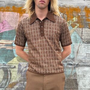 Photo detail:*AS-IS* RAD! 1960S UNIQUE GRID DESIGN QUARTER BUTTON NYLON KNIT POLO SHIRT