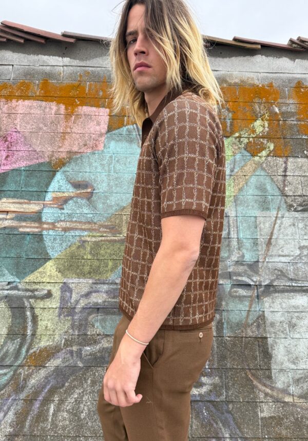 *AS-IS* RAD! 1960S UNIQUE GRID DESIGN QUARTER BUTTON NYLON KNIT POLO SHIRT