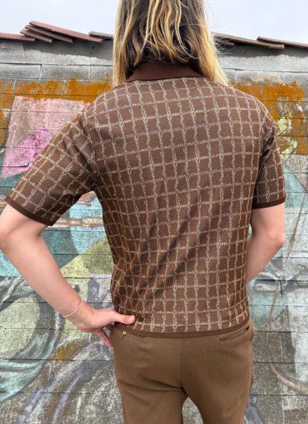 *AS-IS* RAD! 1960S UNIQUE GRID DESIGN QUARTER BUTTON NYLON KNIT POLO SHIRT