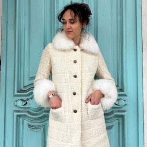 Photo detail:1960S MOD TWEED COAT FUR COLLAR & CUFFS, PLEATED SILK LINING