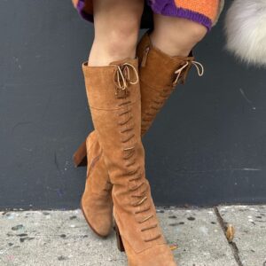 Photo detail:1990S DOES 1970S TALL LACE UP SUEDE KNEE HIGH BOOTS CHUNKY STACKED HEEL