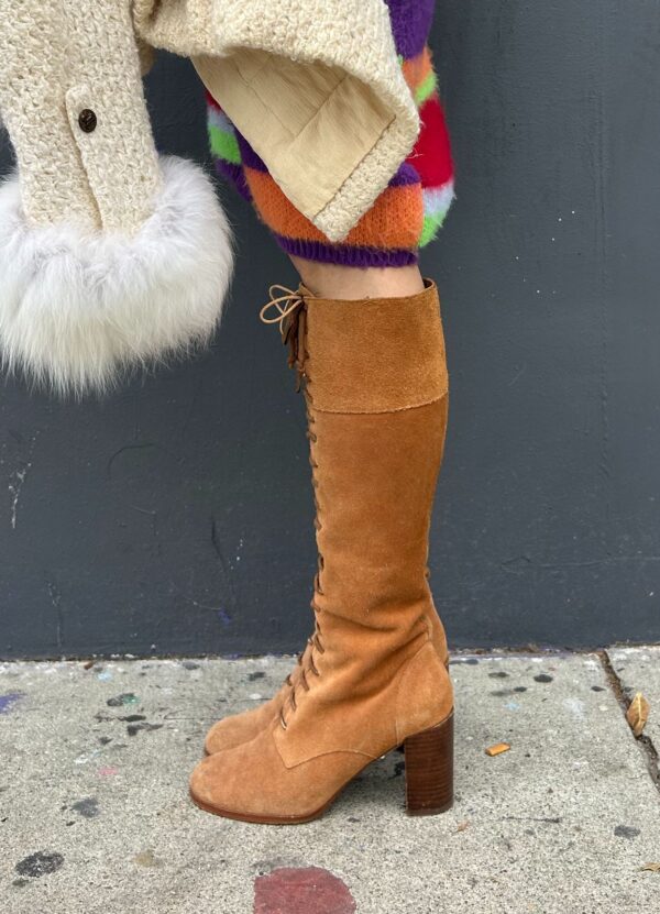 1990S DOES 1970S TALL LACE UP SUEDE KNEE HIGH BOOTS CHUNKY STACKED HEEL