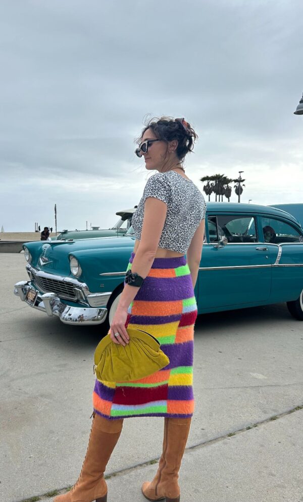 *AS-IS* WOW! RETRO RAINBOW STRIPE ACRYLIC KNIT BAMBOO BUTTON HIGH WAIST SKIRT