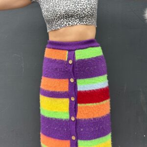 Photo detail:*AS-IS* WOW! RETRO RAINBOW STRIPE ACRYLIC KNIT BAMBOO BUTTON HIGH WAIST SKIRT