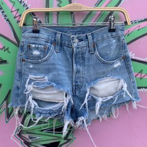 Photo detail:SUPER SHORT! LIGHT WASH LEVIS 501 RIPPED UP DENIM CUTOFF SHORTS