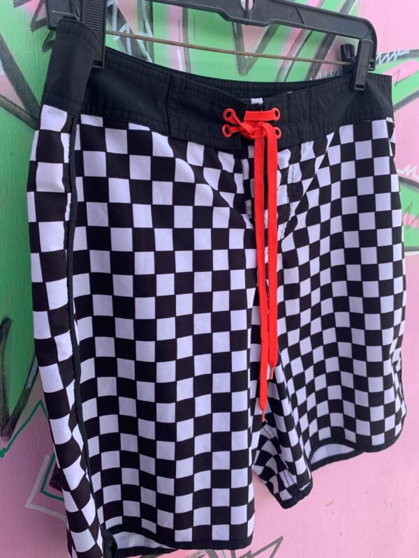 CHECKERED PRINT SWIM TRUNKS RED DRAWSTRING