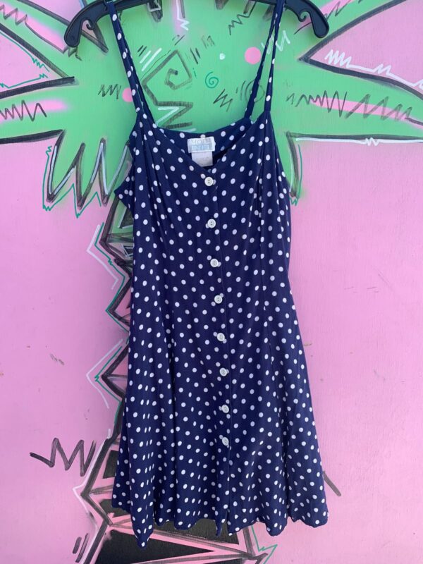 CUTE! 1990S 100% RAYON POLKA DOT STRAPPY BUTTON UP MINI SUNDRESS