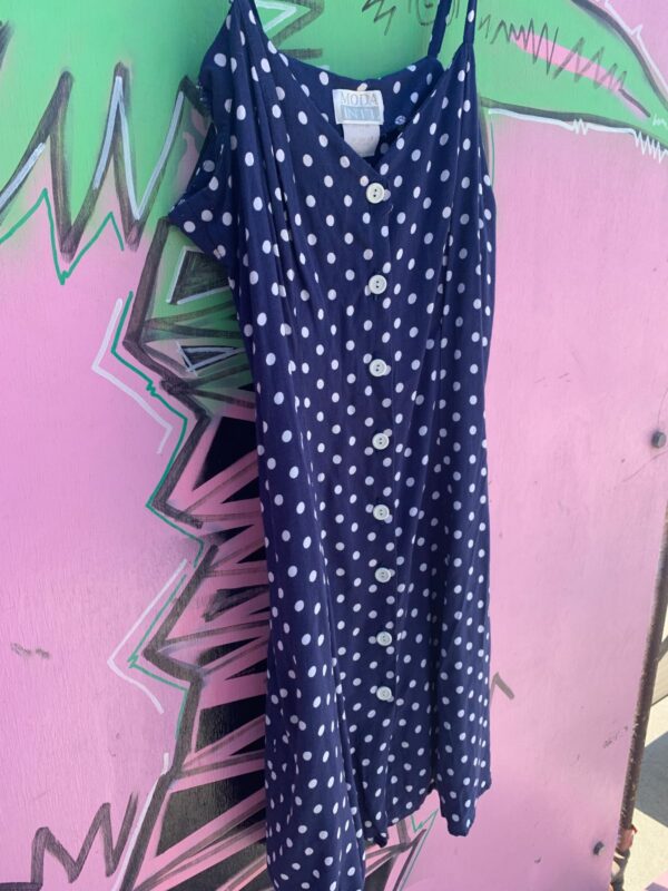 CUTE! 1990S 100% RAYON POLKA DOT STRAPPY BUTTON UP MINI SUNDRESS