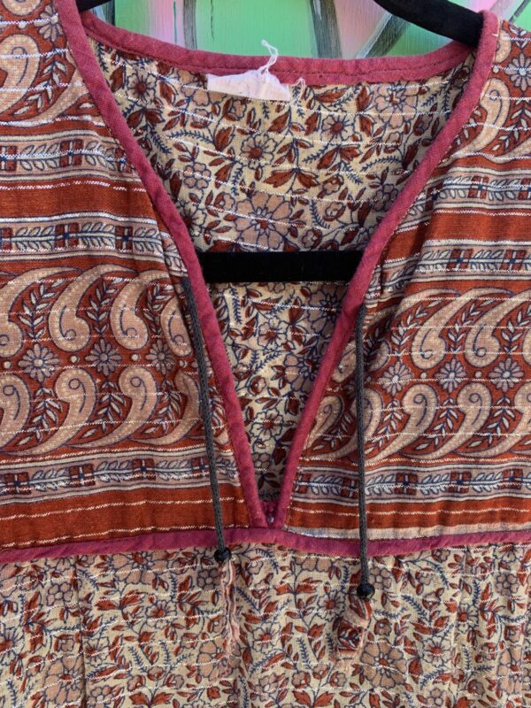 FLORAL & PAISLEY INDIAN COTTON MINI DRESS METALLIC SILVER STRIPE THREADING
