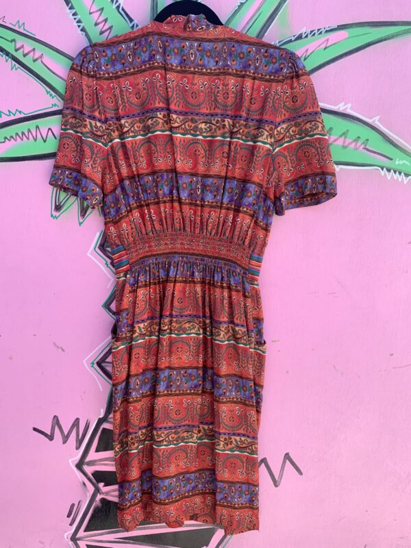 *AS-IS* 1980S-90S PAISLEY PRINT BD RAYON DRESS SILVER BUTTONS