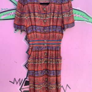 Photo detail:*AS-IS* 1980S-90S PAISLEY PRINT BD RAYON DRESS SILVER BUTTONS
