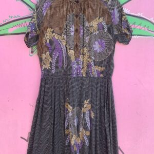 Photo detail:1980S 100% SILK SHORT SLEEVE GRID & FLORAL PRINT BABYDOLL DRESS BUTTON FRONT