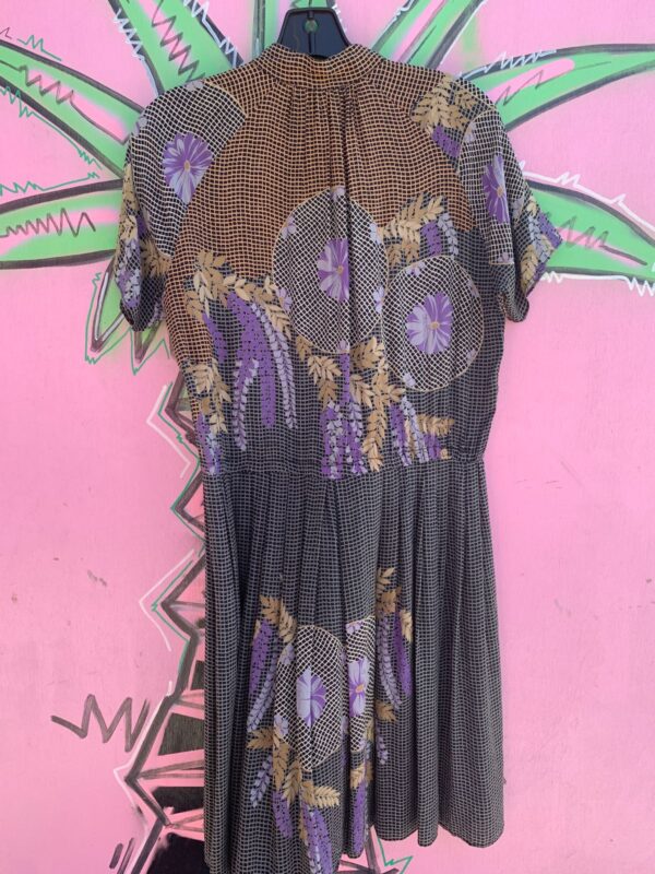 1980S 100% SILK SHORT SLEEVE GRID & FLORAL PRINT BABYDOLL DRESS BUTTON FRONT