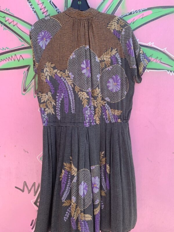 1980S 100% SILK SHORT SLEEVE GRID & FLORAL PRINT BABYDOLL DRESS BUTTON FRONT