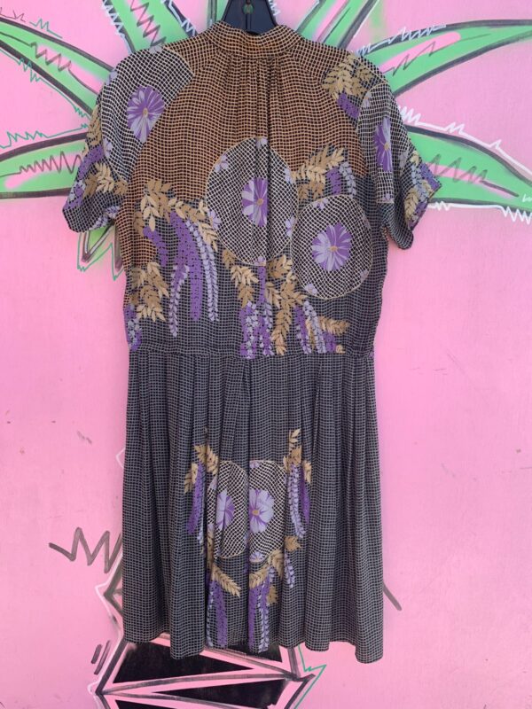1980S 100% SILK SHORT SLEEVE GRID & FLORAL PRINT BABYDOLL DRESS BUTTON FRONT