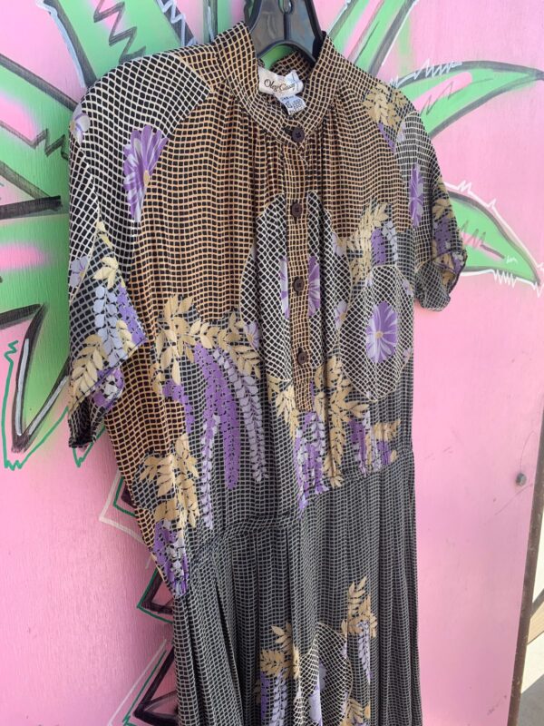 1980S 100% SILK SHORT SLEEVE GRID & FLORAL PRINT BABYDOLL DRESS BUTTON FRONT