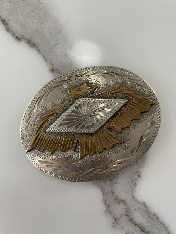 2-TONE ORNATELY ENGRAVED THUNDERBIRD BELT BUCKLE, GERMAN SILVER