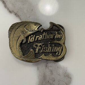 Photo detail:1970S I'D RATHER BE FISHING SOLID BRASS BELT BUCKLE, MADE IN USA