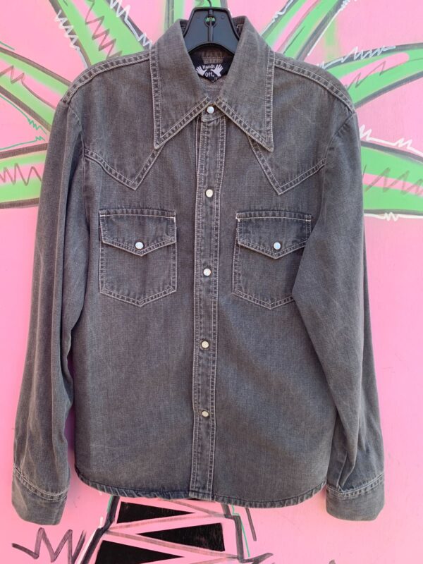 COOL FADED BLACK DENIM PEARL SNAP SHIRT WHITE CONTRAST STITCHING