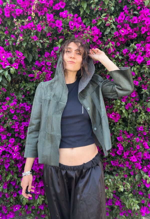 UNIQUE! HOODED GREEN PATCHWORK PONY HAIR LEATHER JACKET