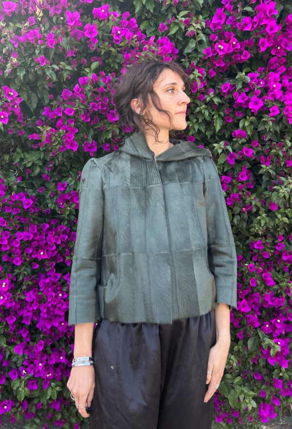 UNIQUE! HOODED GREEN PATCHWORK PONY HAIR LEATHER JACKET