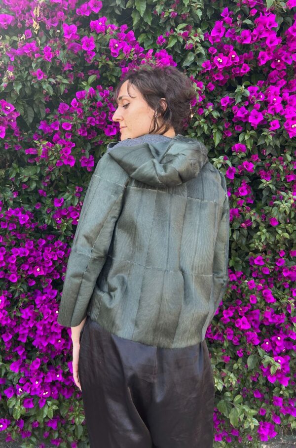 UNIQUE! HOODED GREEN PATCHWORK PONY HAIR LEATHER JACKET