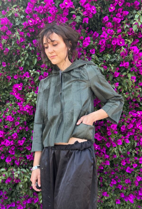 UNIQUE! HOODED GREEN PATCHWORK PONY HAIR LEATHER JACKET
