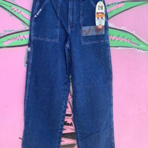 Photo detail:CUTE! 1990S DEADSTOCK DARK DENIM WIDE LEG CARPENTER JEANS CONTRAST STITCHING - NWT