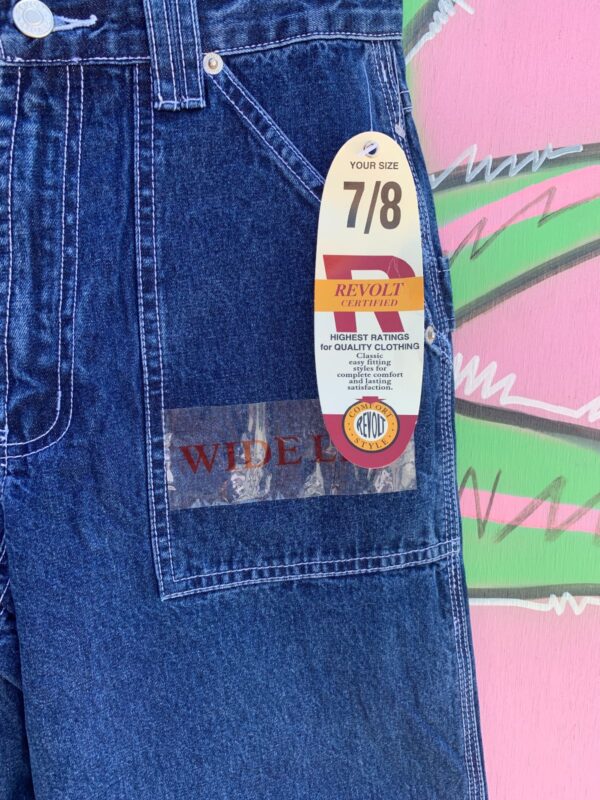CUTE! 1990S DEADSTOCK DARK DENIM WIDE LEG CARPENTER JEANS CONTRAST STITCHING - NWT