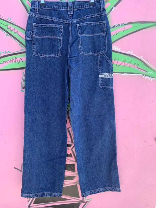 CUTE! 1990S DEADSTOCK DARK DENIM WIDE LEG CARPENTER JEANS CONTRAST STITCHING - NWT