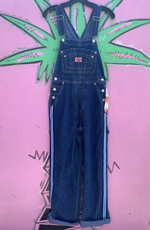 1990S DEADSTOCK DARK DENIM OVERALLS, RACING STRIPES - NWT