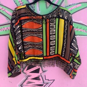 Photo detail:BRIGHT! SO CUTE! 1990S MULTI-COLORED ETHNIC PRINT CROPPED LS BLOUSE BEADED TRIM