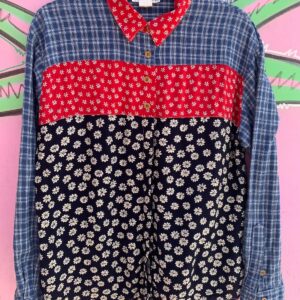 Photo detail:FUN! 1990S PATCHWORK RAYON LONG SLEEVE BUTTON DOWN BLOUSE