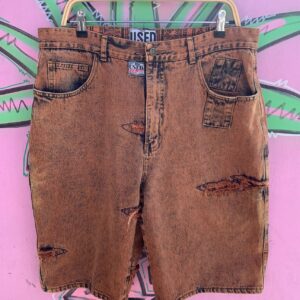Photo detail:FUN! *AS-IS* 1990S OVERDYED ACID WASH DENIM SHORTS PATCHWORK POCKETS & DISTRESSING