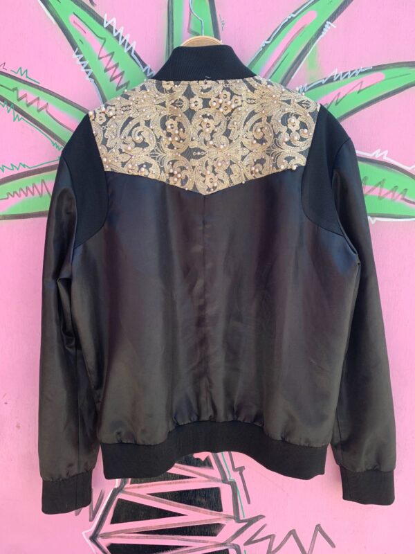 COOL! SILKY BOMBER JACKET LACE & PEARL APPLIQUE PANELS